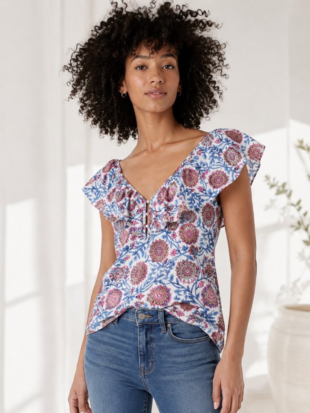 J.Crew Floral Vine Block Print Ruffle V-Neck Organic Cotton Flutter Sleeve Top S